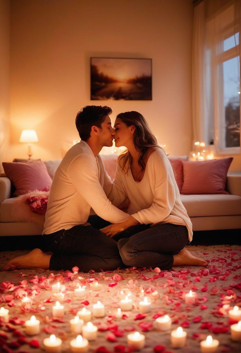 A warm, intimate scene of a couple sharing a joyful moment in a cozy room filled with soft, glowing lights and plush furnishings. The couple is engaged in a passionate kiss, surrounded by delicate rose petals and scented candles, evoking sensuality and connection. The atmosphere should feel inviting and romantic, highlighting expressions of love and joy. soft focus, warm colors, dreamy ambience.
