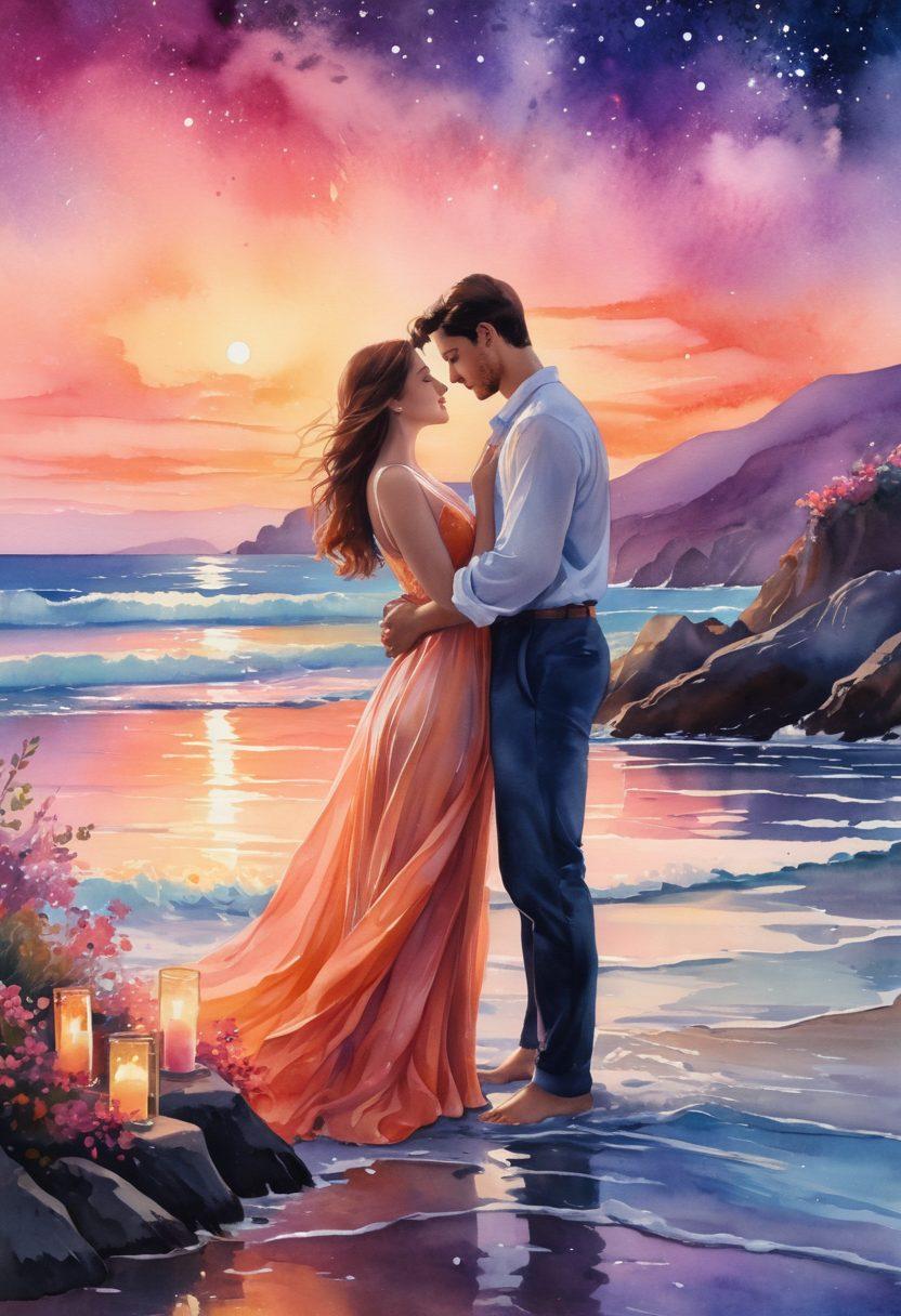 A sensual, dreamy landscape depicting a couple lost in a passionate embrace under a starlit sky, with soft, flowing colors that evoke warmth and desire. Surround the scene with blossoming flowers and candles that create an intimate atmosphere, while gentle waves lap at a nearby shore, enhancing the romantic undertone. The essence of connection and eroticism should radiate from the image. watercolor illustration. vibrant colors. soft focus.